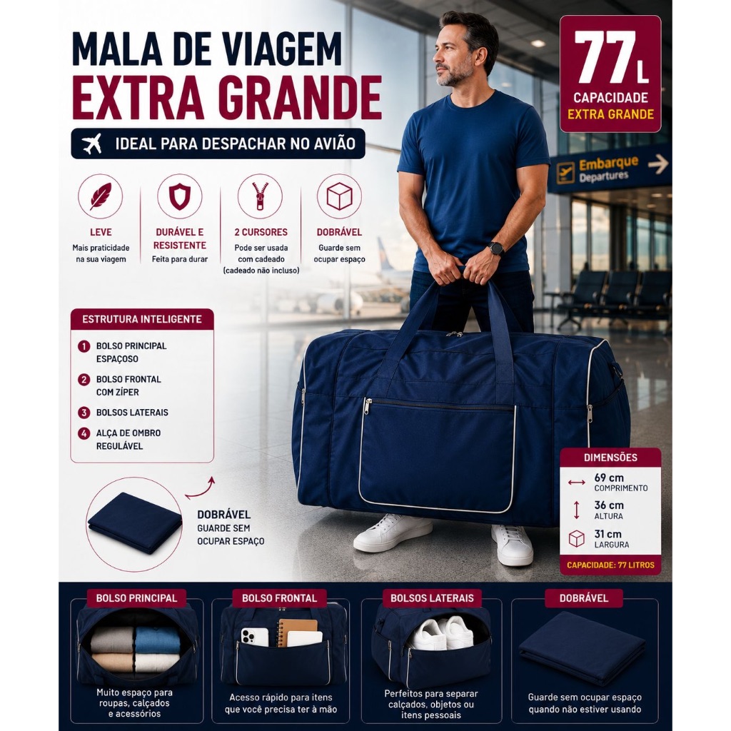 Mala Bolsa de Viagem Sacola de Viagem GG Extra Grande 77 Litros Muito Espaçosa Resistente e Dobrável com Alça ajustável