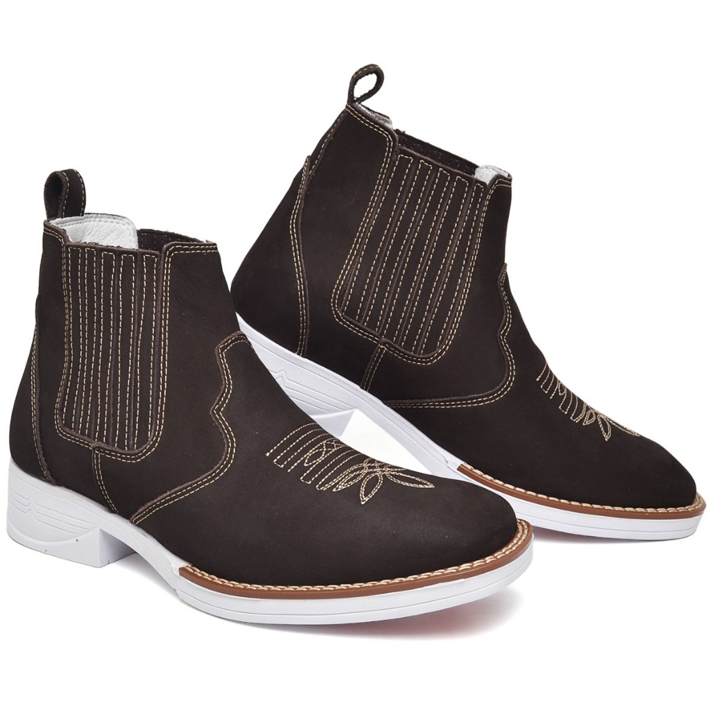 Bota Botina Texana Country Masculina Em Couro Legítimo Festa de Peão Rodeio Confortável Sola Branca
