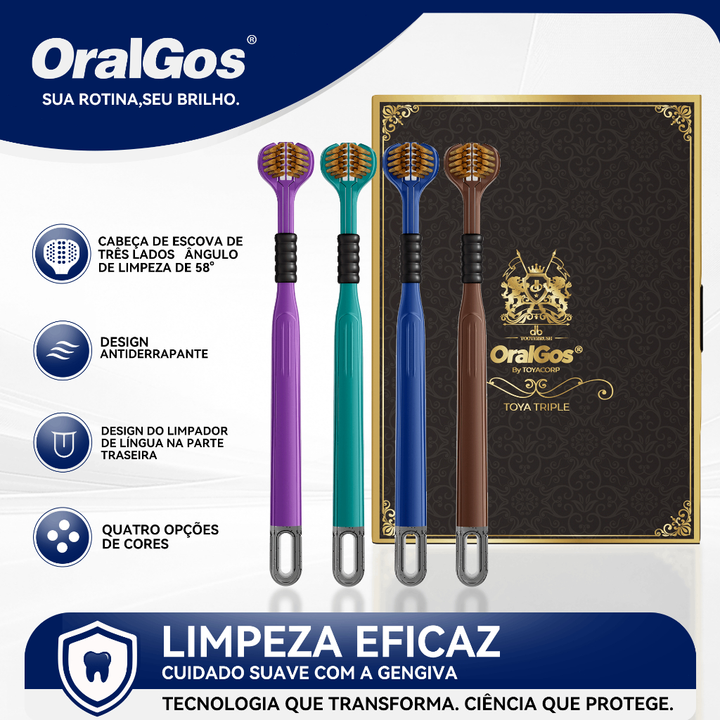 OralGos Escova de Dental 3 Lados, Limpeza Completa, Cerdas Macias, Presentes