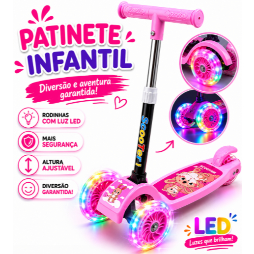 Patinete Infantil 3 Rodas De Led Luz Acende Dobrável Brinquedo Scooter Criança Rosa Multmaxx