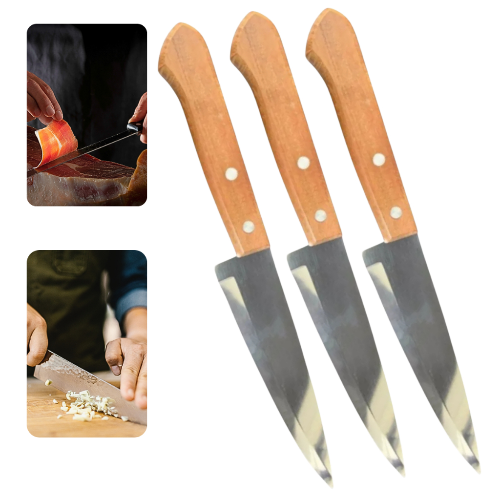 Facas Do Chef 6 em Aço Inox com Cabo de Madeira Corte Preciso para Churrasco Cozinha Profissional e Restaurantes
