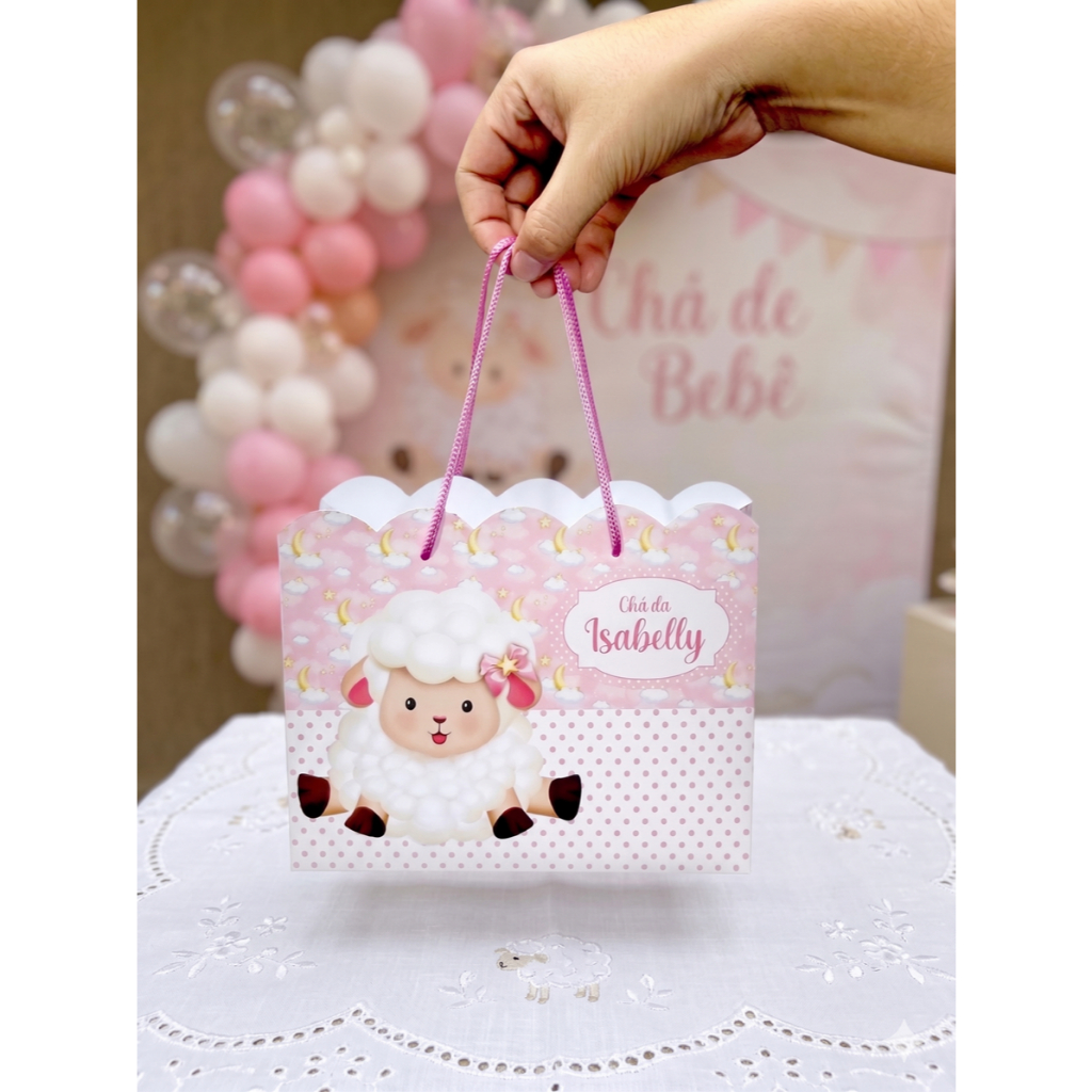 Sacolinhas Personalizadas Lembrancinhas Ovelhinha Rosa Chá Fralda Festa Aniversário Nuvem Tamanho Grande (20x16x06)