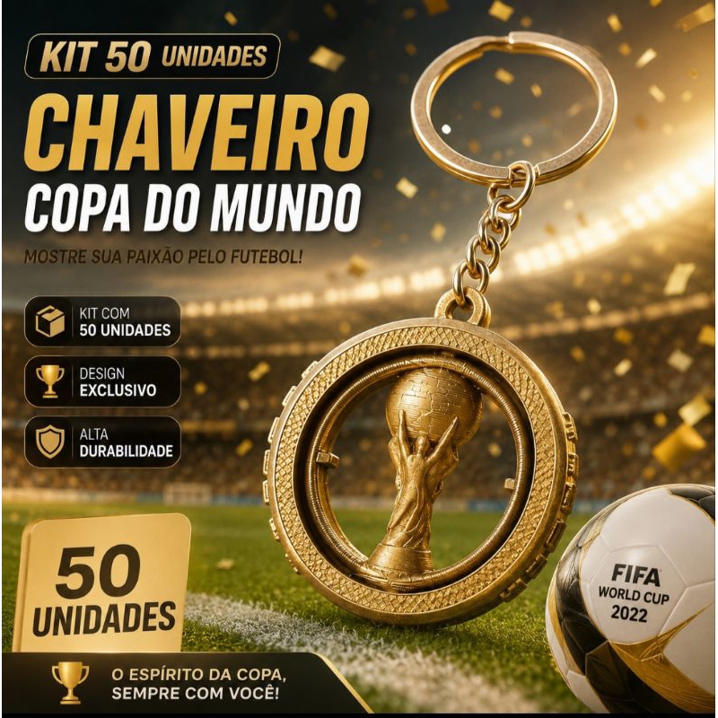 Kit 50 Chaveiros Taça Copa do Mundo 2026 Giratório 360° | Argentina, França, Espanha e Inglaterra | Brinde Futebol PLA