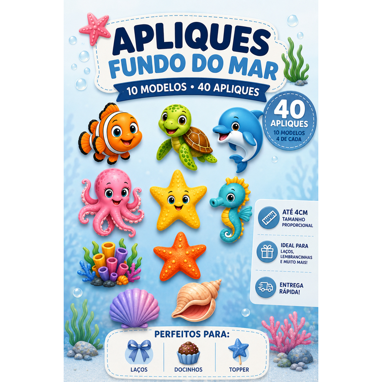ENVIO RÁPIDO Apliques Fundo do Mar 4cm Para Laços Topper Tubete Docinhos Lembrancinhas Festa Infantil 40 Unidades 10 Mod