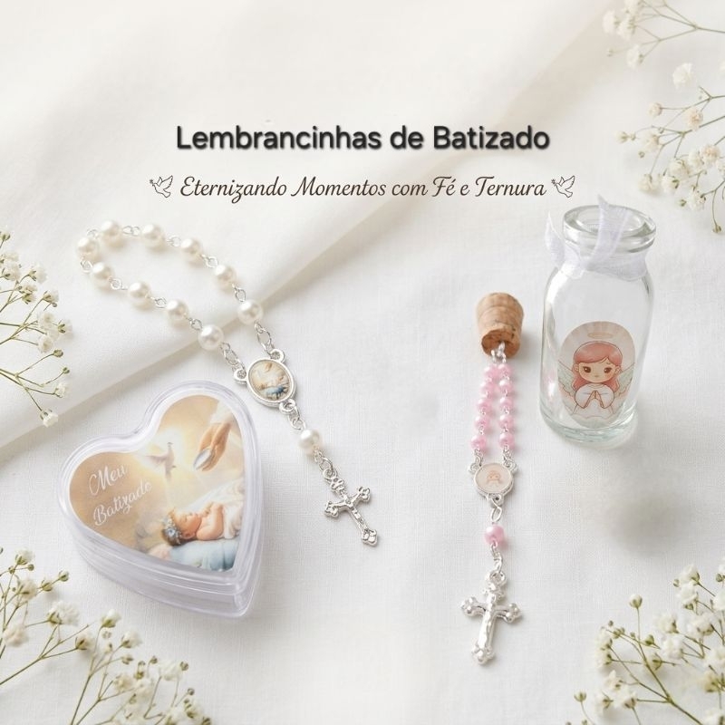 10 Lembrancinhas Batizado Vidrinho Mini Terço  - Lembrança Batismo Bebê com Medalha