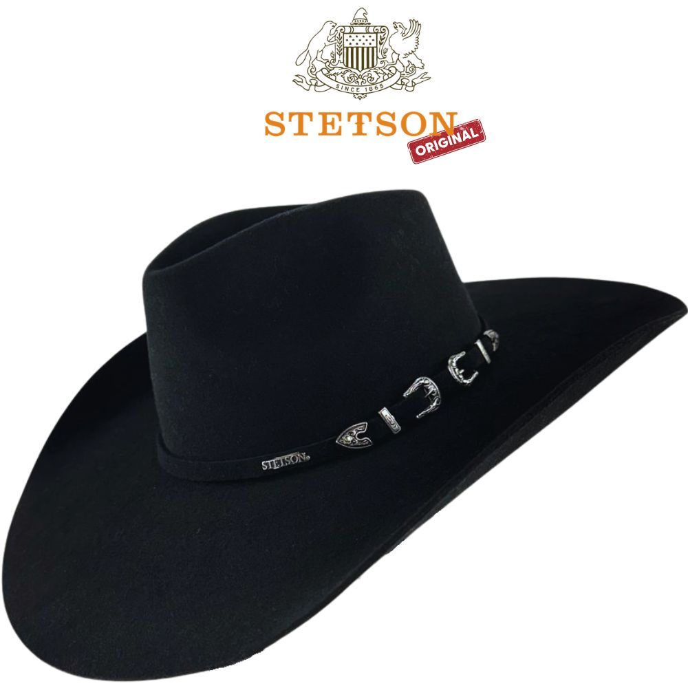 Chapéu De Feltro 30x Stetson Preto Bandinha Feltro Com Duas Fivelas Carneira Couro - REF:64449