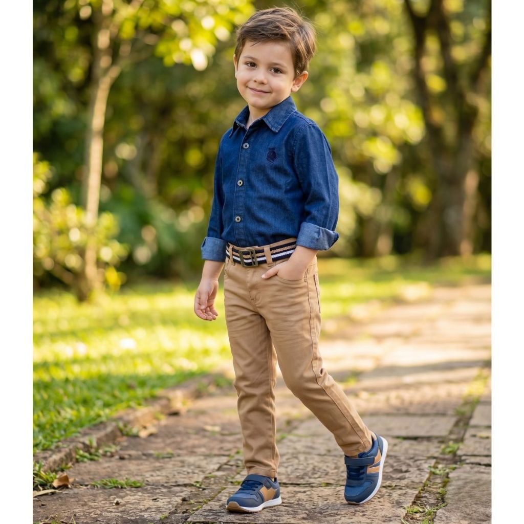 Conjunto camisa jeans manga longa + calça skine infantil menino Tam 4 A 16 anos.