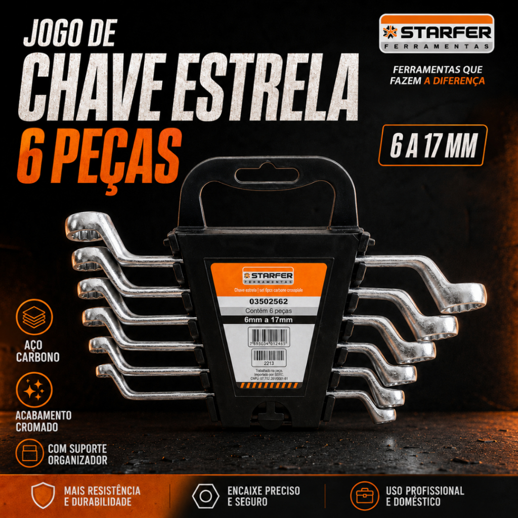 Jogo Chave Estrela Starfer 6 Pecas 6 a 17mm Aco Cromo Vanadio Cromado Porcas Parafusos Mecanico Automotivo Moto Casa
