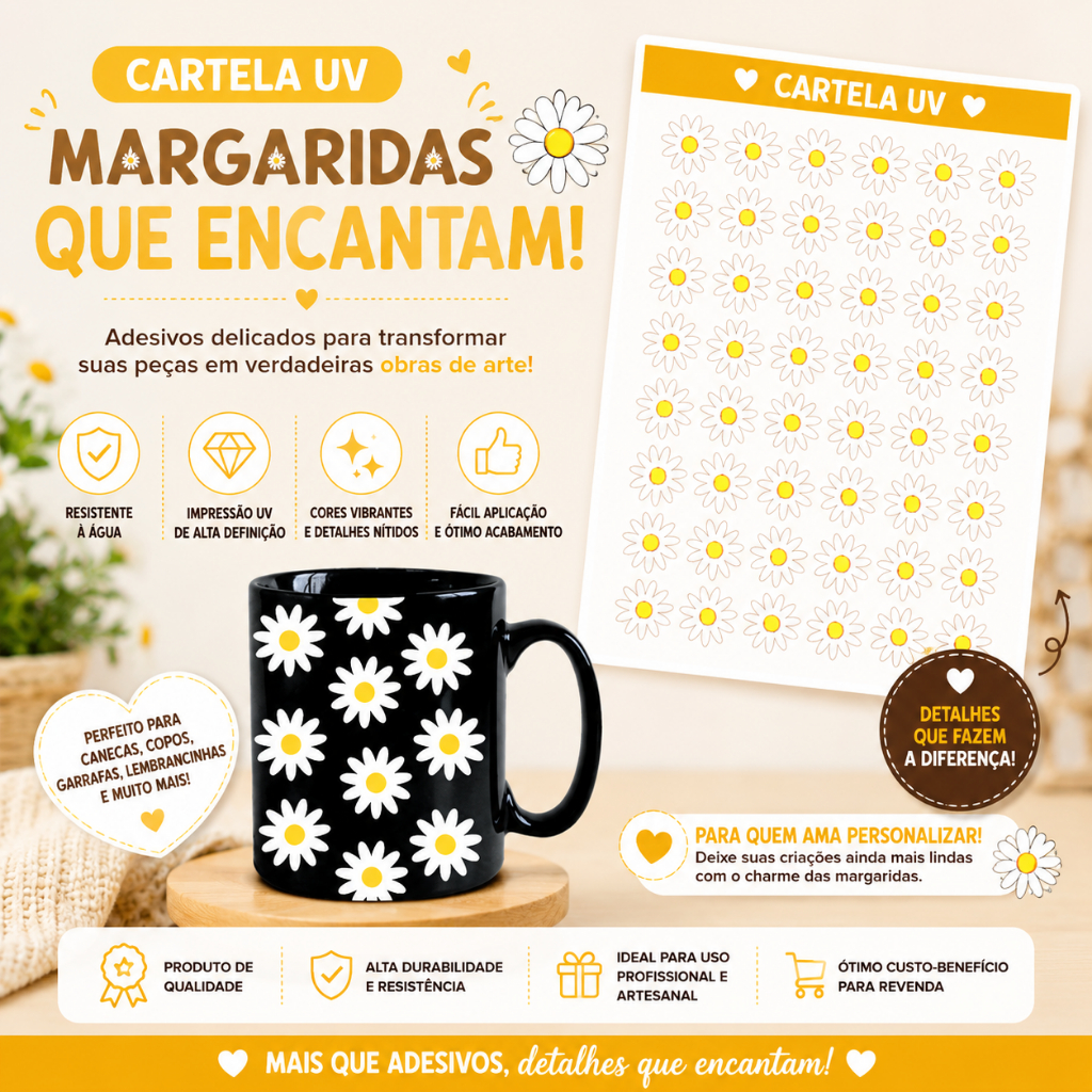 130 Adesivos Cartela DTFUV Mini Margaridas Impermeável