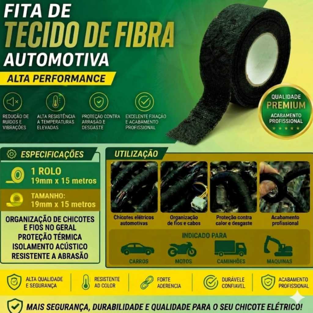 Fita Isolante TECIDO 19mm x 25 METROS AUTOMOTIVA CHICOTE SOM ANTICHAMA FIOS CABOS ALTAS TEMPERATURAS