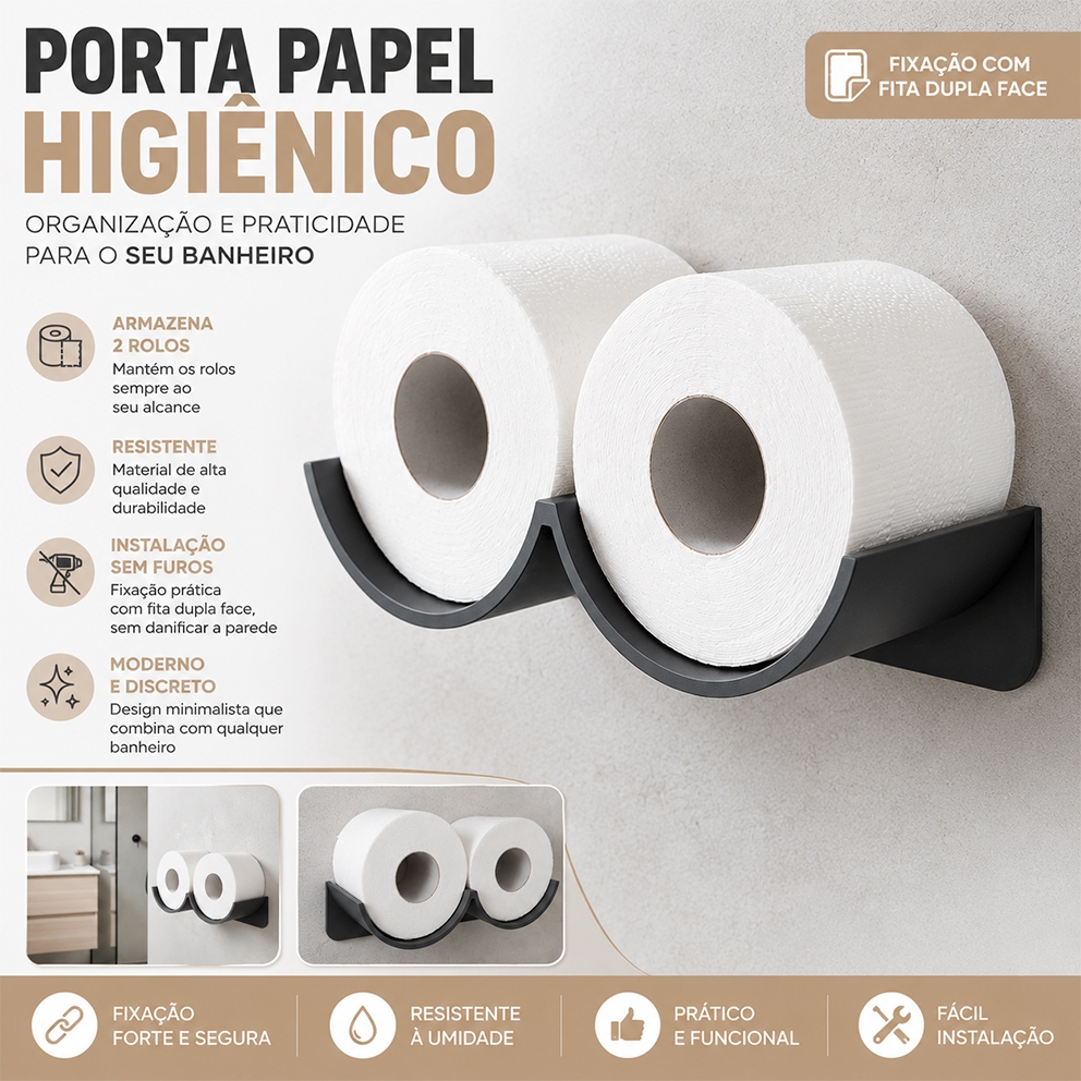Suporte Duplo para Papel Higiênico Sem Furo - Porta Rolo Banheiro Moderno com Adesivo 3M