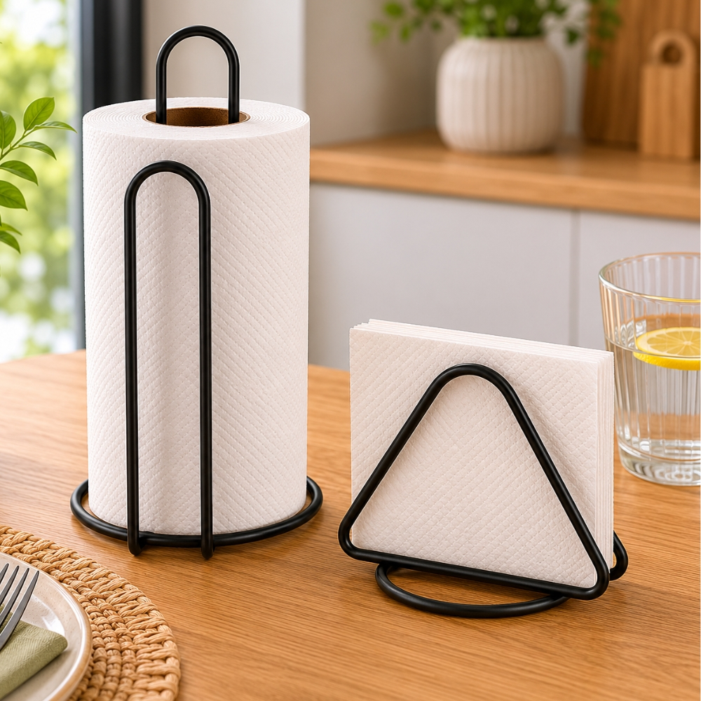 Kit Porta Rolo Papel Toalha + Porta Guardanapos Preto Fosco