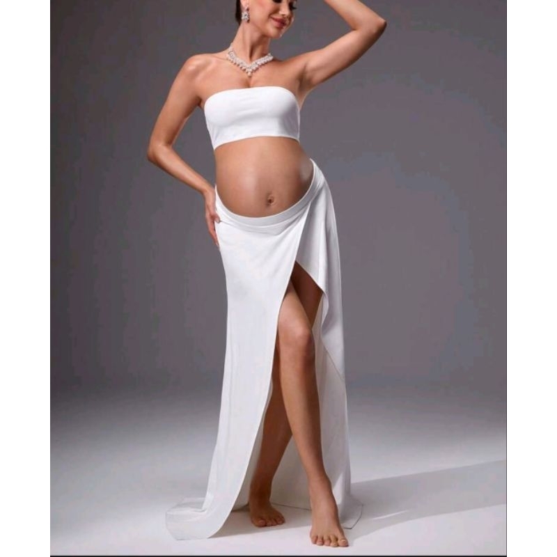 Blusa Top e Saia Longa para Grávida Ensaio Fotográfico Gestante Maternidade Decote na Barriga Branco