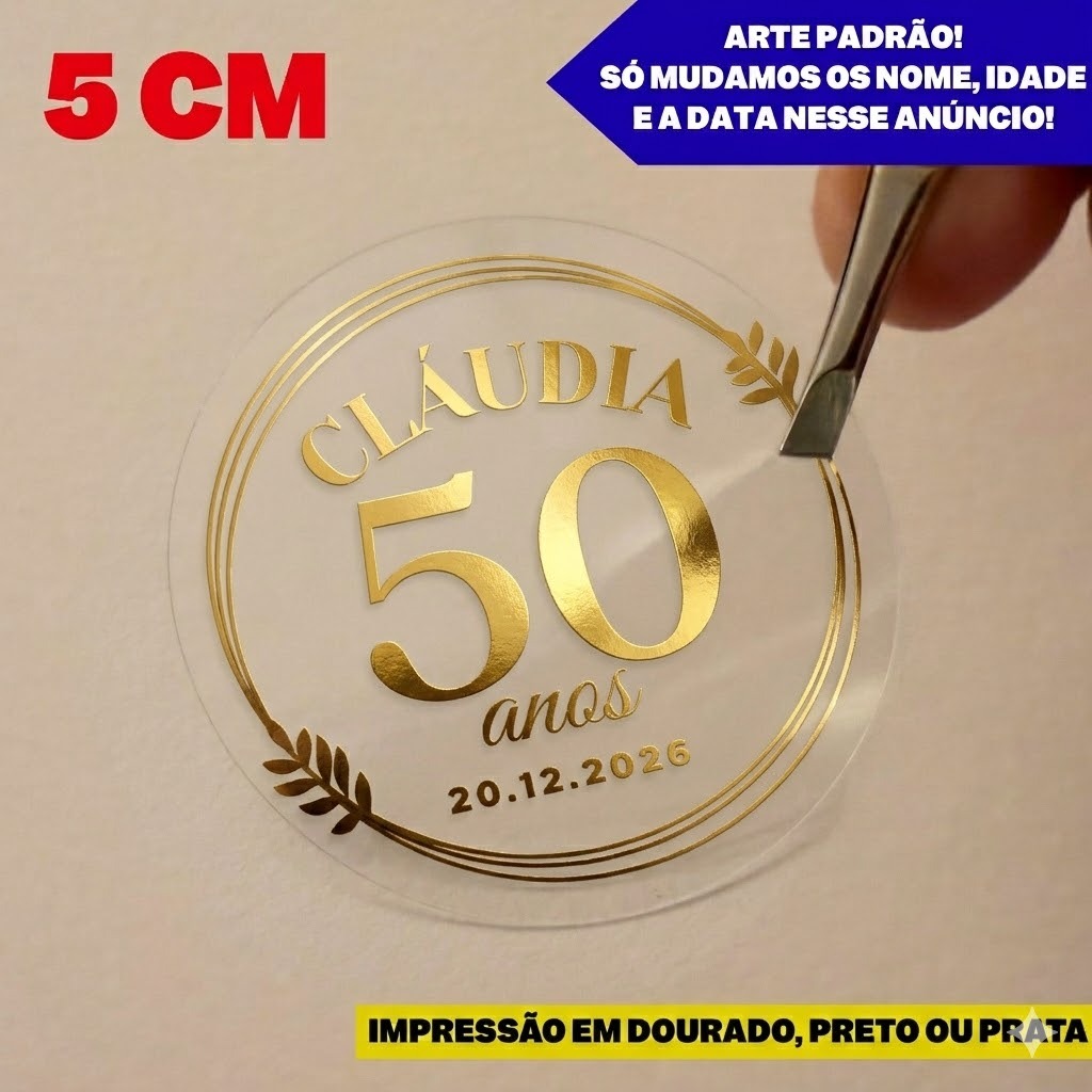 Adesivo personalizado aniversário 50 unidades 5cm vinil transparente com dourado preto ou prata