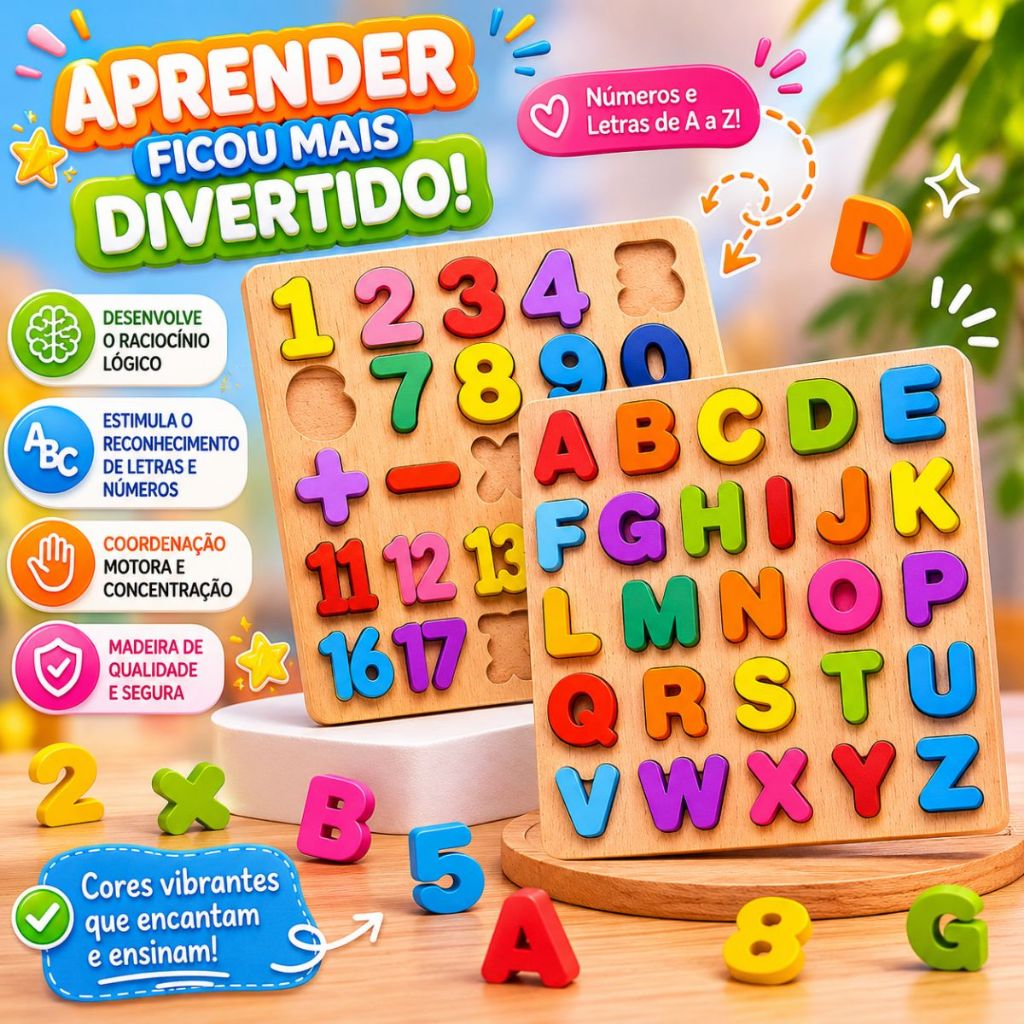 Kit 2 Tabuleiros Educativo Pedagógico Alfabeto Letras e Números Formas Geométricas Sortidos