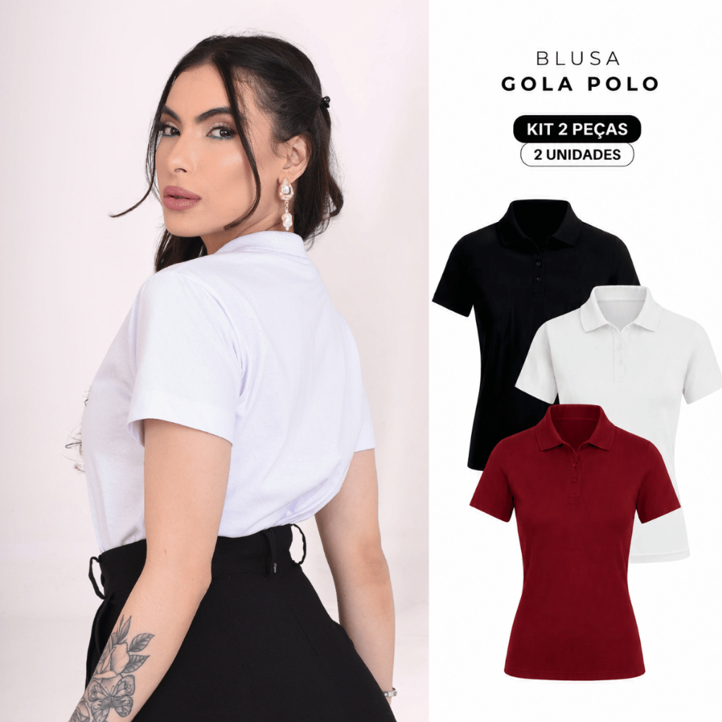Kit 2 Blusa Feminina Gola Polo Básica Conforto e Estilo Casual Uniforme Trabalho