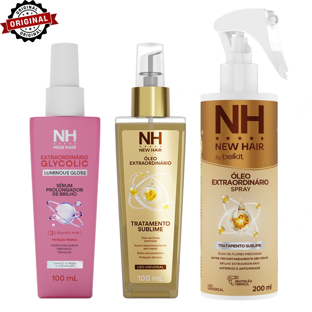 COMBO 3 Itens - Óleo Extraordinário NEW HAIR, Sérum Glycolic NEW HAIR e Spray Extraordinário