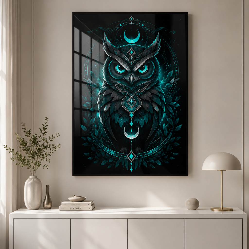 Quadro Decorativo Coruja Mística Azul Turquesa Arte Moderna Sala Quarto Escritório MDF