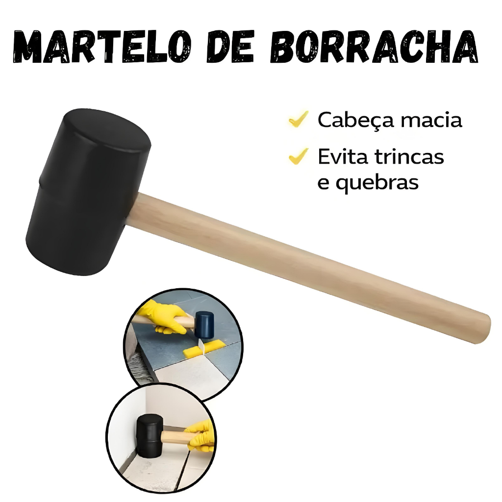 Martelo de Borracha Cabo de Madeira Não Marca Superfícies para Azulejos e Pisos Montagem Resistente