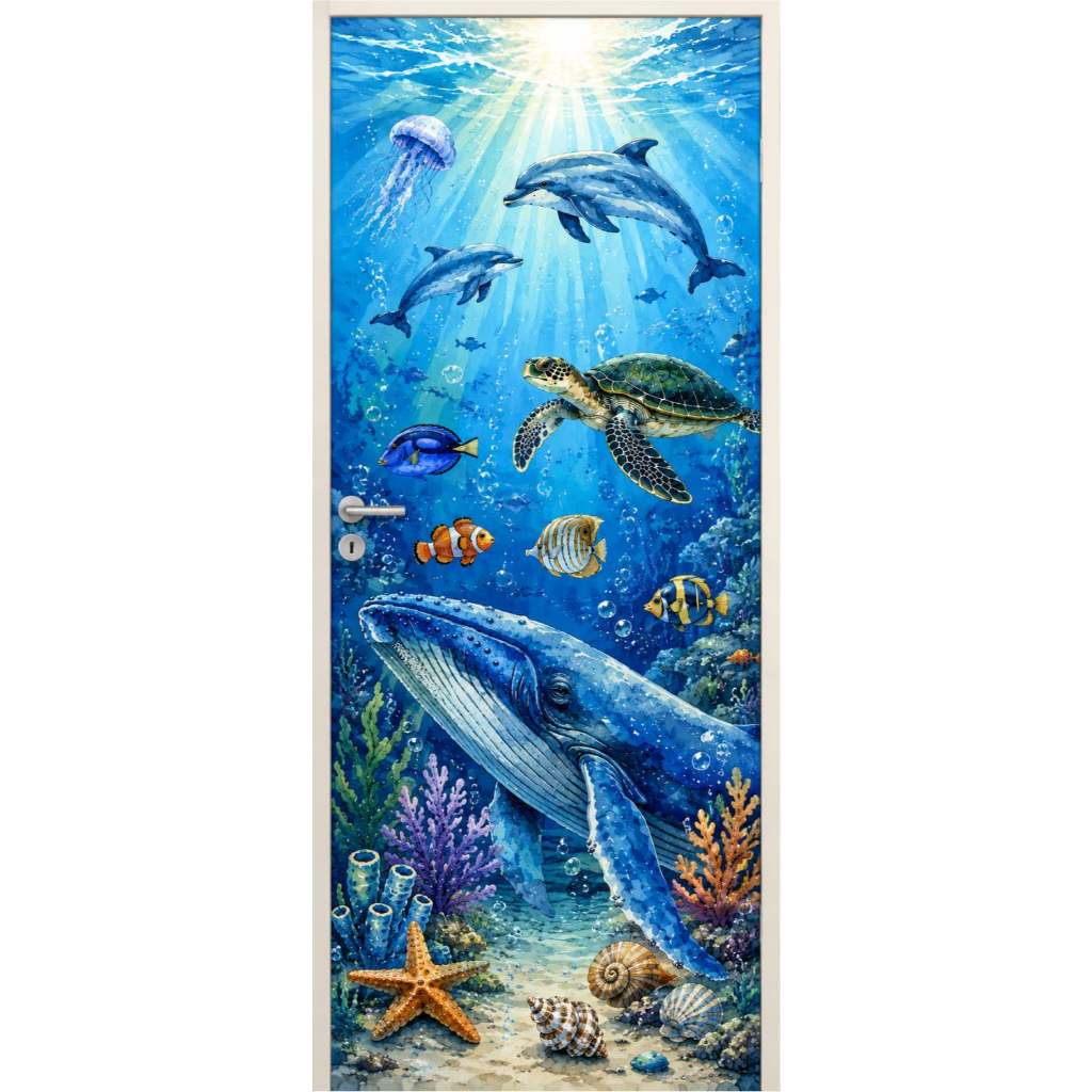 Adesivo Capa Para Porta Fundo do Mar Infantil 90x210cm Oceano Baleia Golfinho Quarto Criança