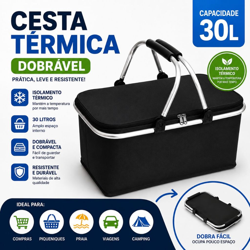 Cesta Térmica 30 Litros Bolsa Piquenique Dobrável Cooler Praia Lanche Camping Picnic ENVIO IMEDIATO
