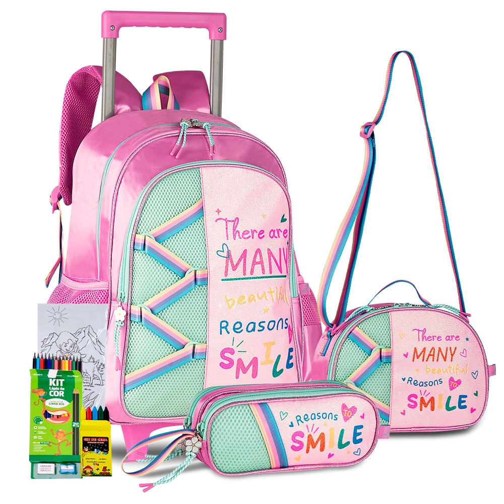Kit Escolar Mochila Rodinhas Estojo Box Lancheira Térmica Coleção Happy 2026