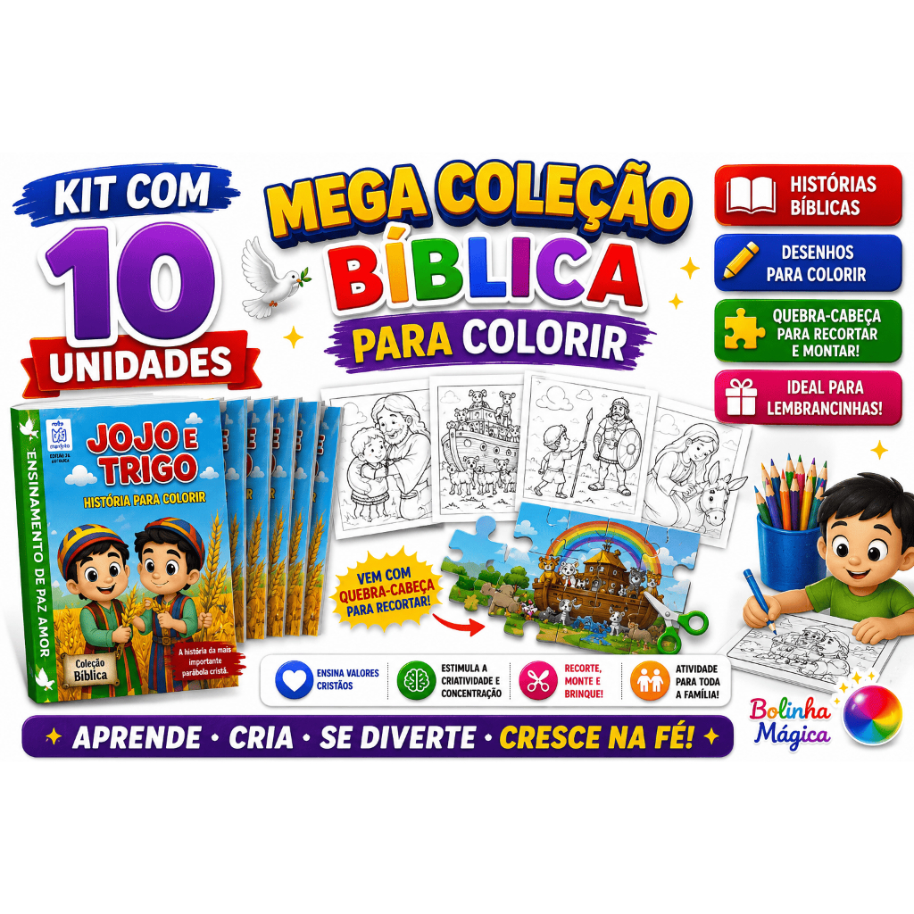 Kit 10 Livros Bíblicos Infantil Para Pintar Colorir Lembrancinha Festa Criança Educativo Escolar
