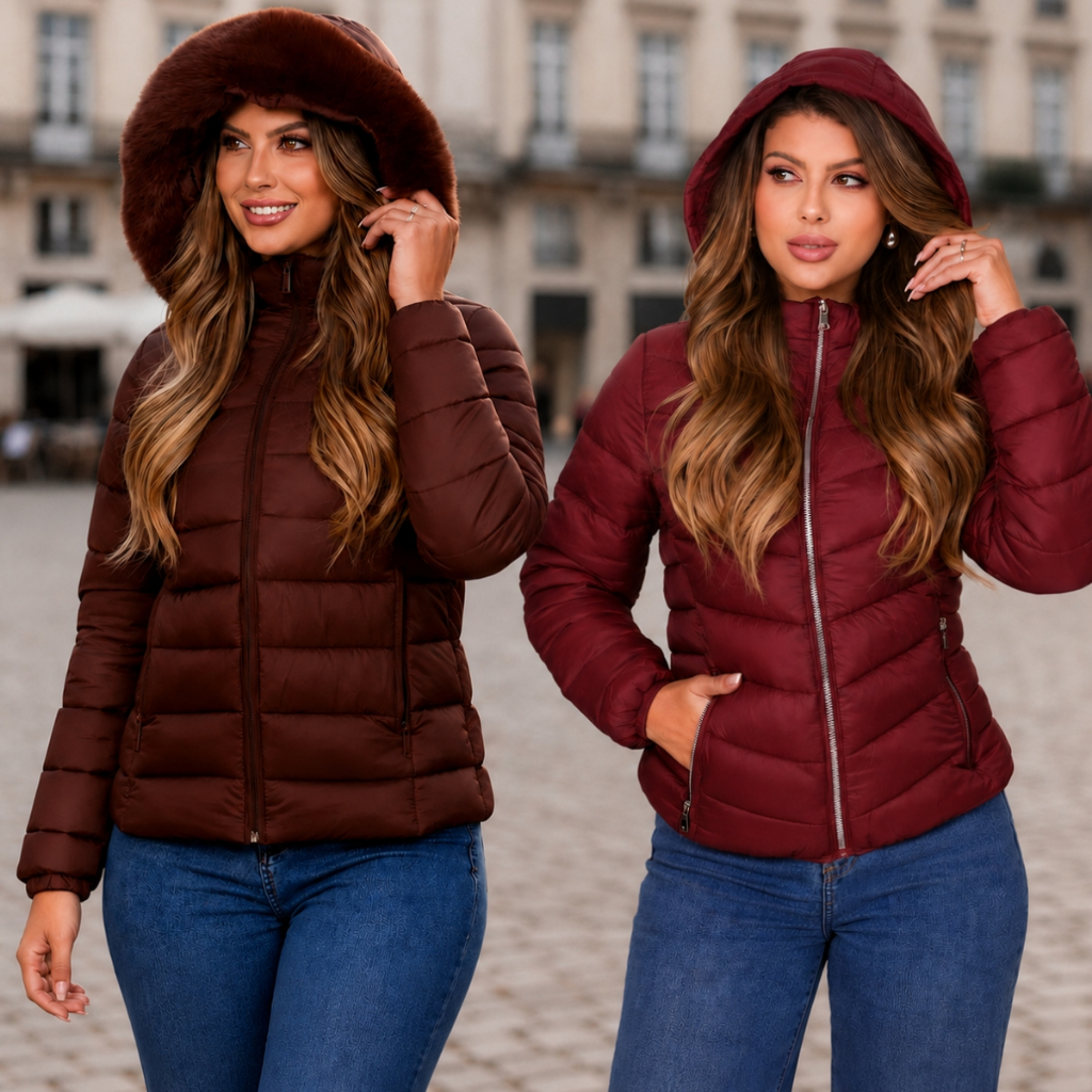 Jaqueta Feminina Puffer Impermeável Bolso Zíper Reforçado Capuz Removível Pelúcia ou Liso P ao GG