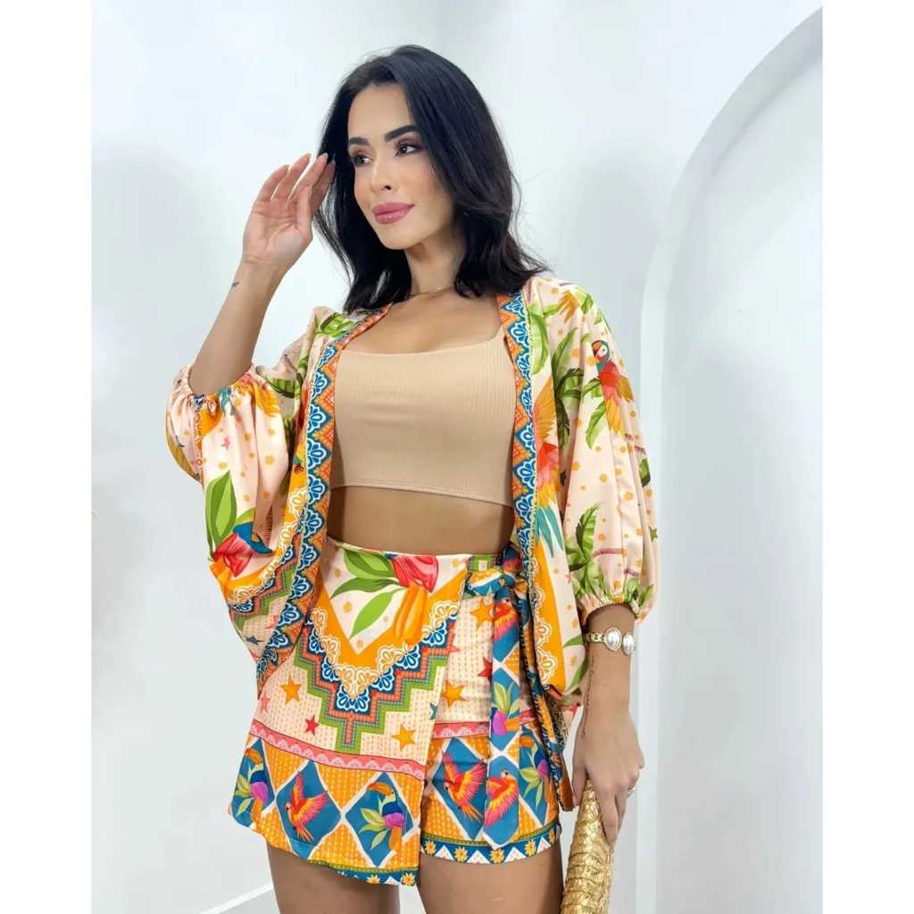 Conjunto Feminino Kimono e Short Saia Crepinho Estilo Fashion Chic Tropical Look Blogueira Confortável
