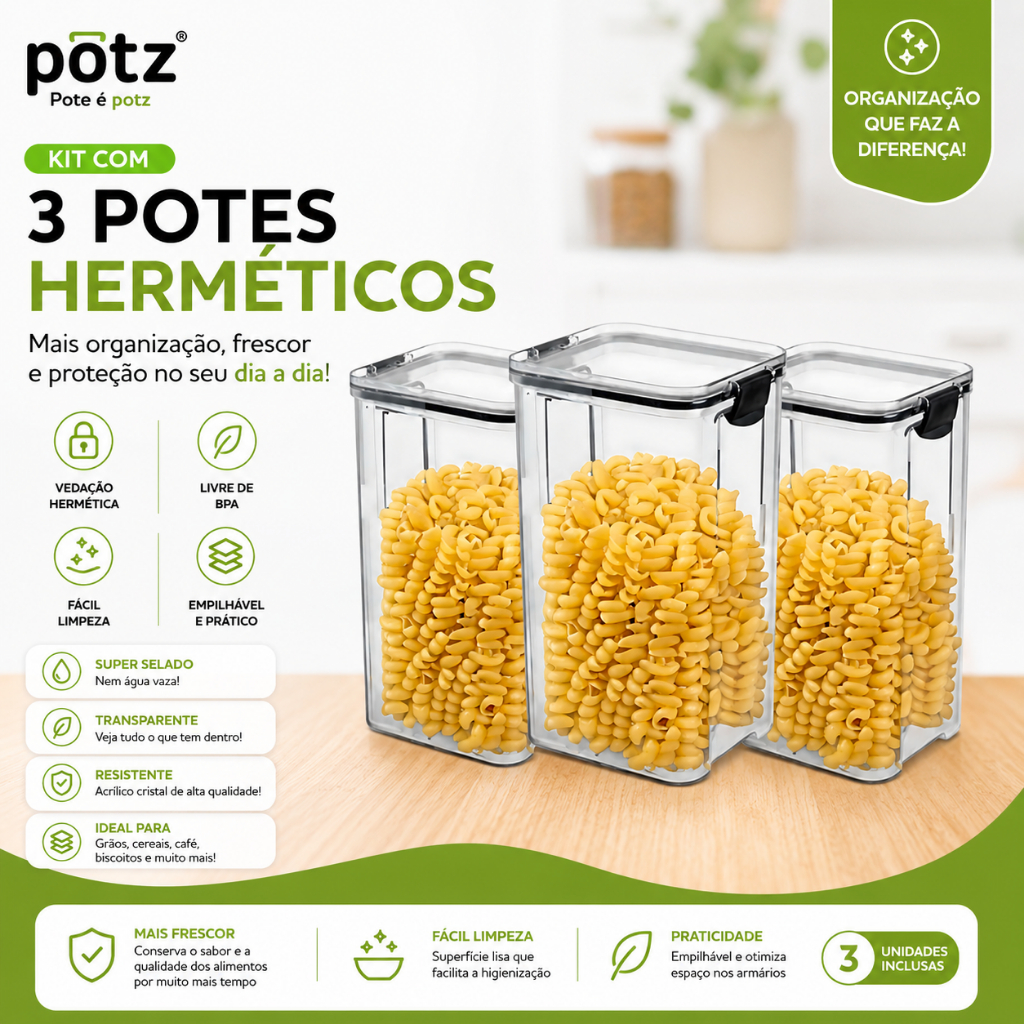 Kit 3 Recipientes Organizadores Herméticos Antivazamento e Empilháveis Cozinha, Alimentos e Marmita