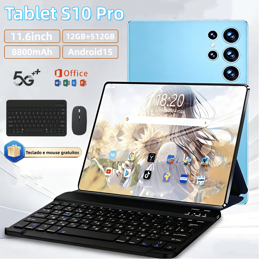 【Teclado e mouse gratuitos】Tablet  S10 Pro de 11,6 polegadas, 12 GB + 512 GB, 5G, bateria de 8.800 mAh 5G wifi