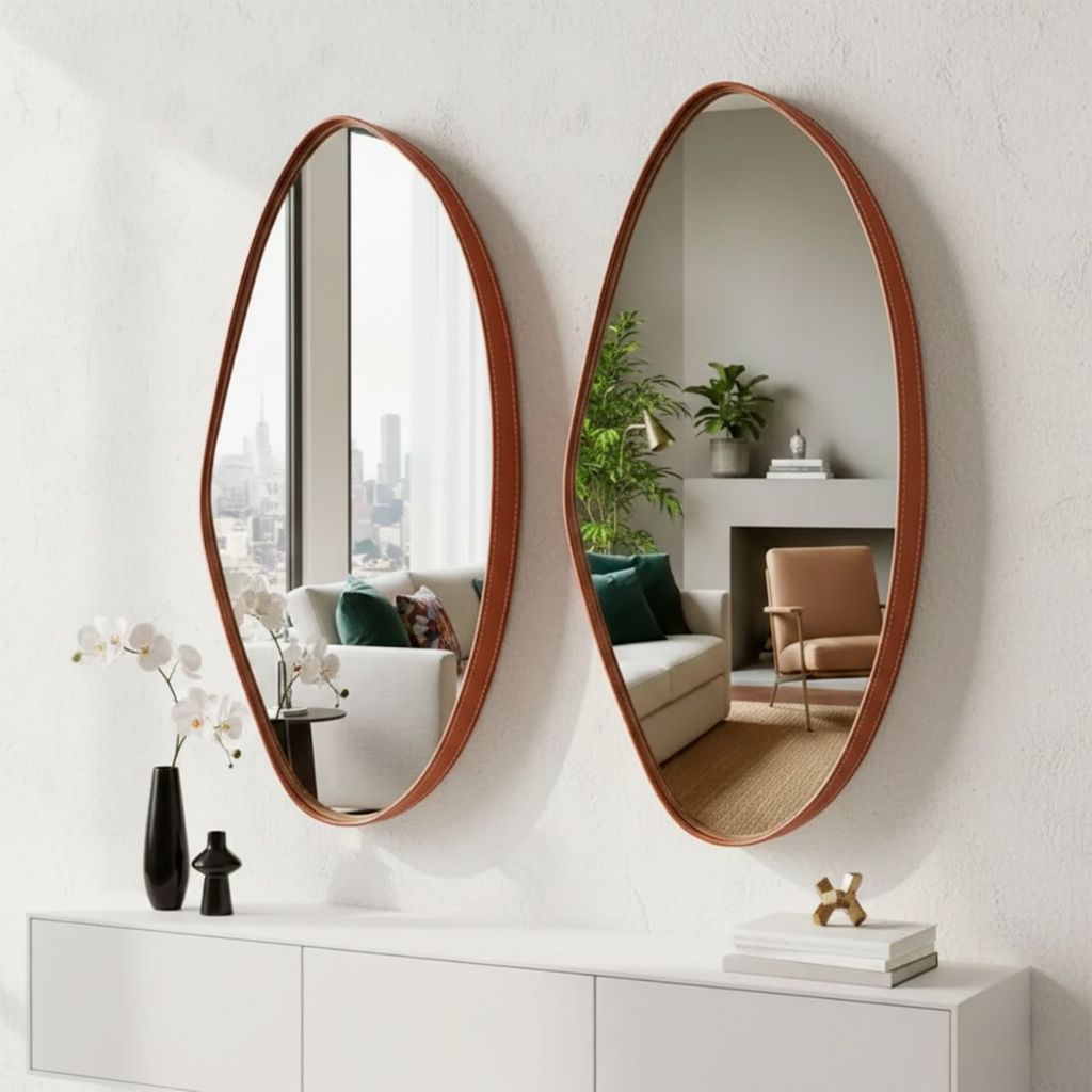 Kit 2 Espelhos Decorativos Orgânicos Com Moldura em Couro Caramelo | Acabamento Premium P/ Sala Hall