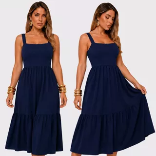 Vestido Mídi Alça Rodado Vestido Moda Cristã Feminino Vestido Midi Canelado Casual Básico Modelador
