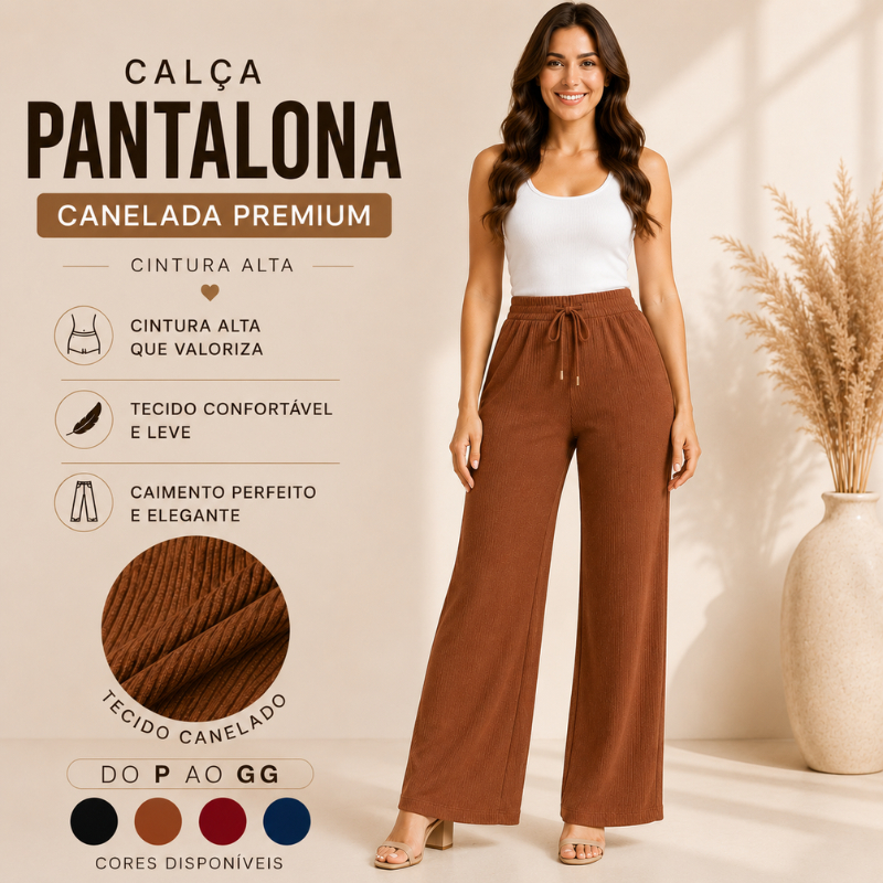 Calça Feminina Pantalona Canelada Cintura Alta Wide Leg Elegante Confortável  |3785| Oferta