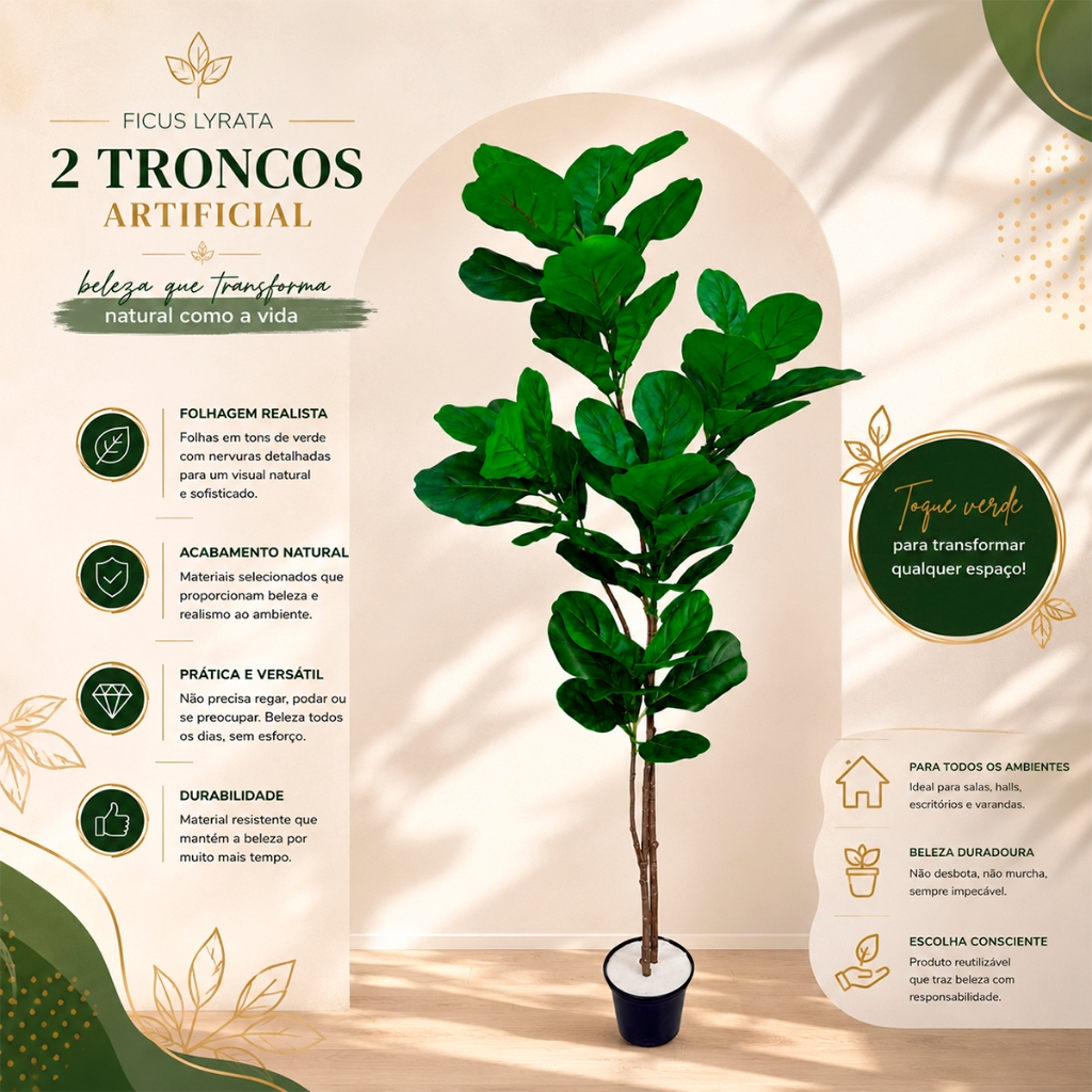 Planta Ficus Lyrata Arvore Artificial Grande Decorativa Toque Real Premium não acompanha vaso
