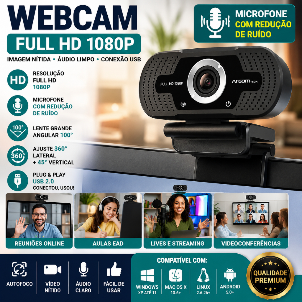 Webcam Full HD 1080p Argom Tech CAM40 com Microfone USB para PC Notebook Lives e Reuniões