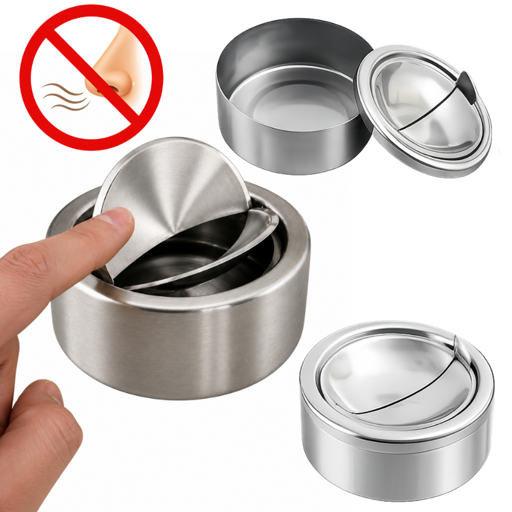 Cinzeiro de Mesa Aço Inox com Tampa Anti Cheiro Anti Vento Sem Fumaça