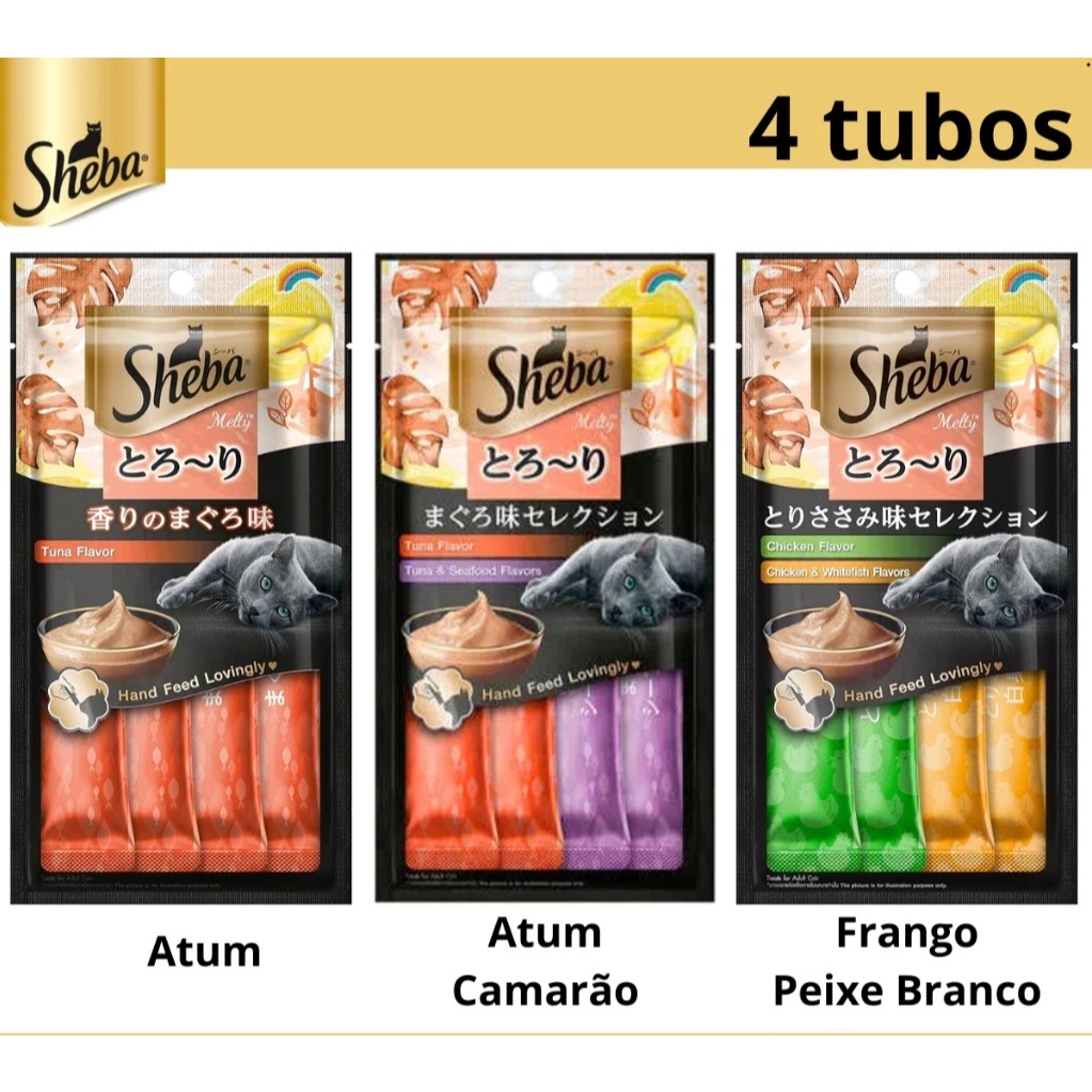 Petisco Sheba Cremoso Gato Adulto Petisco para Gato Sheba Sachê Frango Peixe Branco Atum Camarão