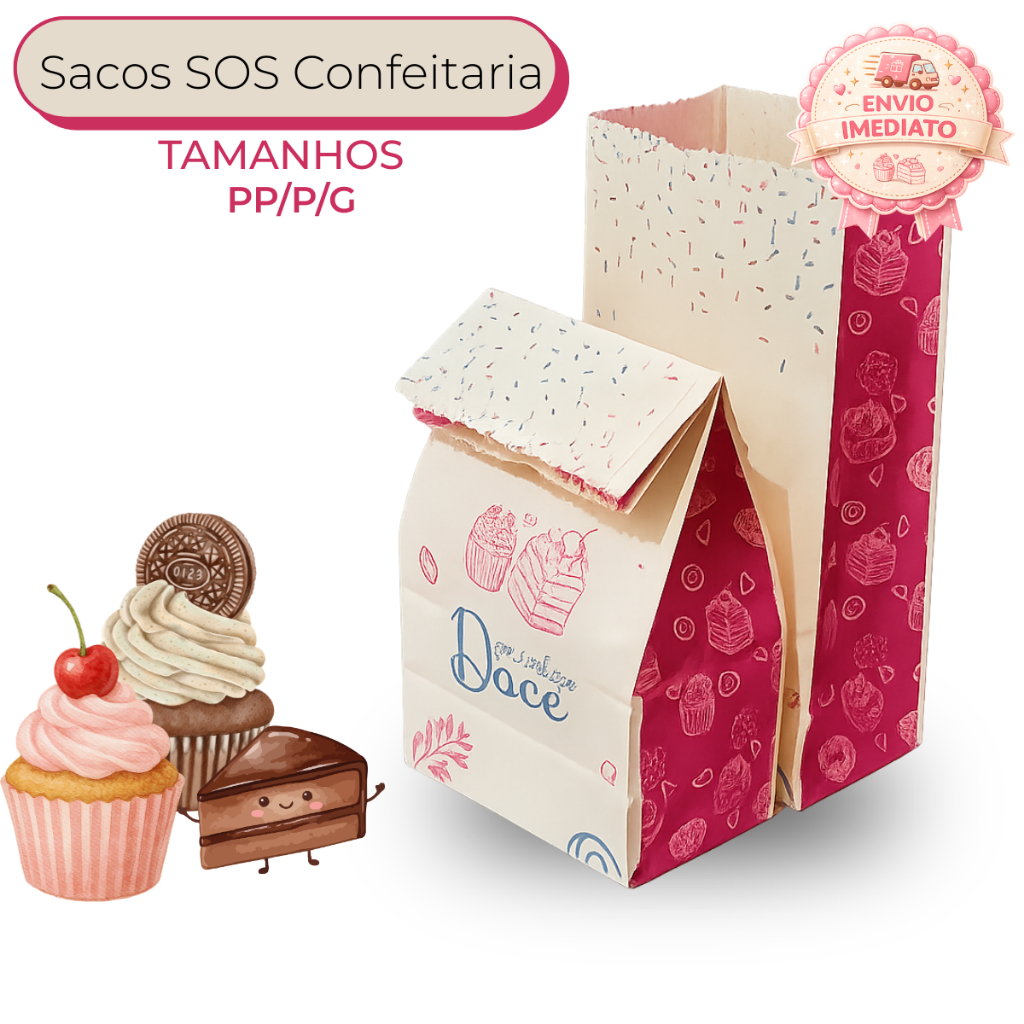 SACO KRAFT SOS DELIVERY TEMA DOCERIA DOCINHOS COOKIES COM 50/100 UNIDADES TODOS OS TAMANHOS