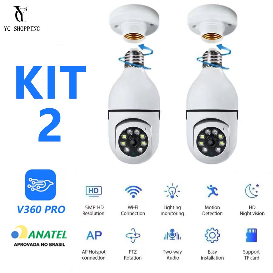 Câmera de Segurança Lâmpada WiFi 360° Full HD À Prova D'água Visão Noturna Sensor Movimento 8177