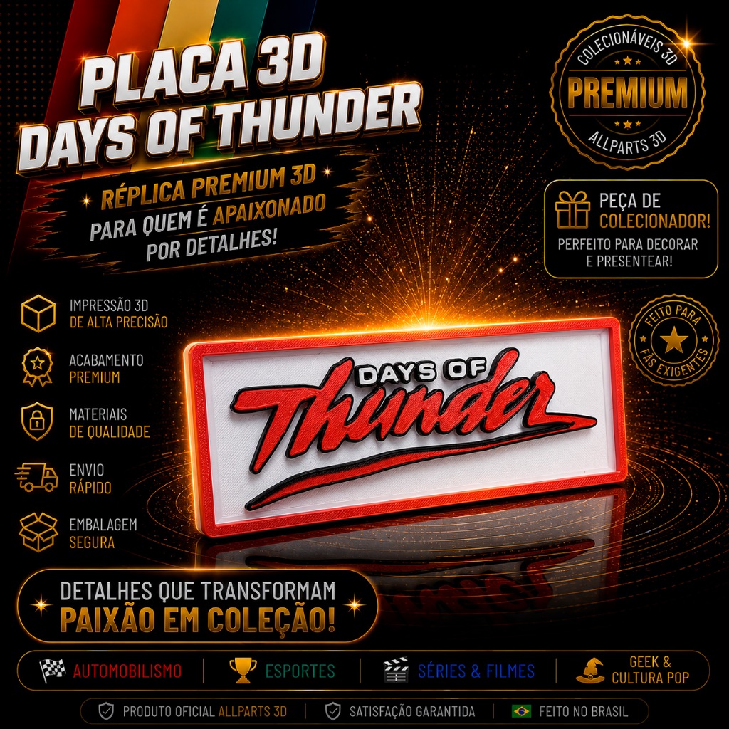 Placa Days Of Thunder Decorativa NASCAR Retrô 3D