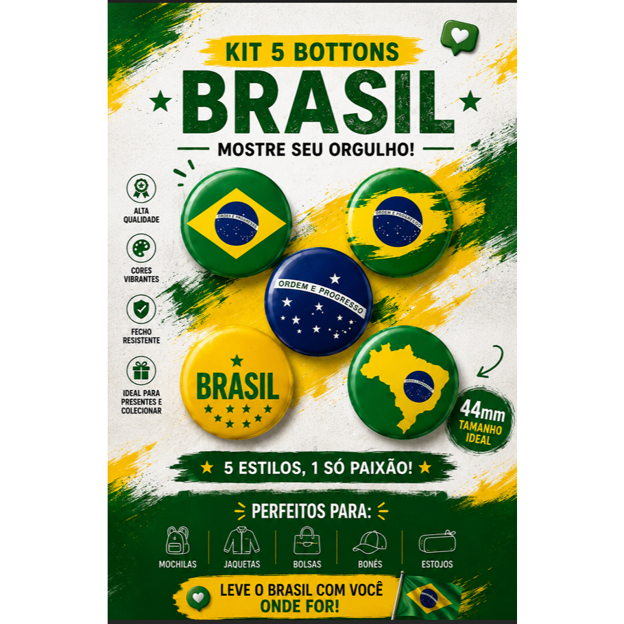 Kit 5 Bottons Brasil 44mm - Copa do mundo 2026 - Bandeira do Brasil