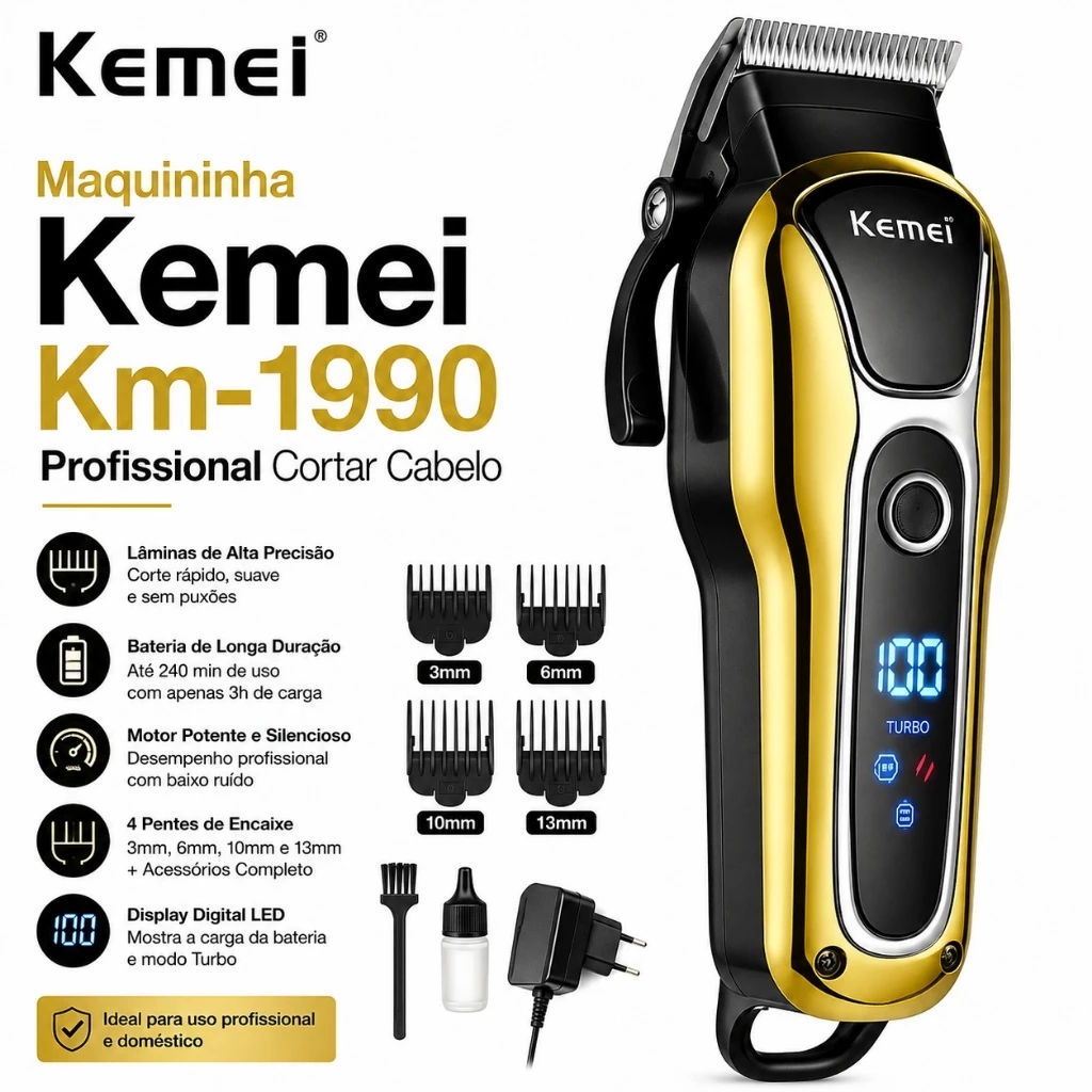 Maquininha Kemei Km-1990 Profissional Cortar Cabelo Aparador Máquina Corte Cabelo Barba Acabamento