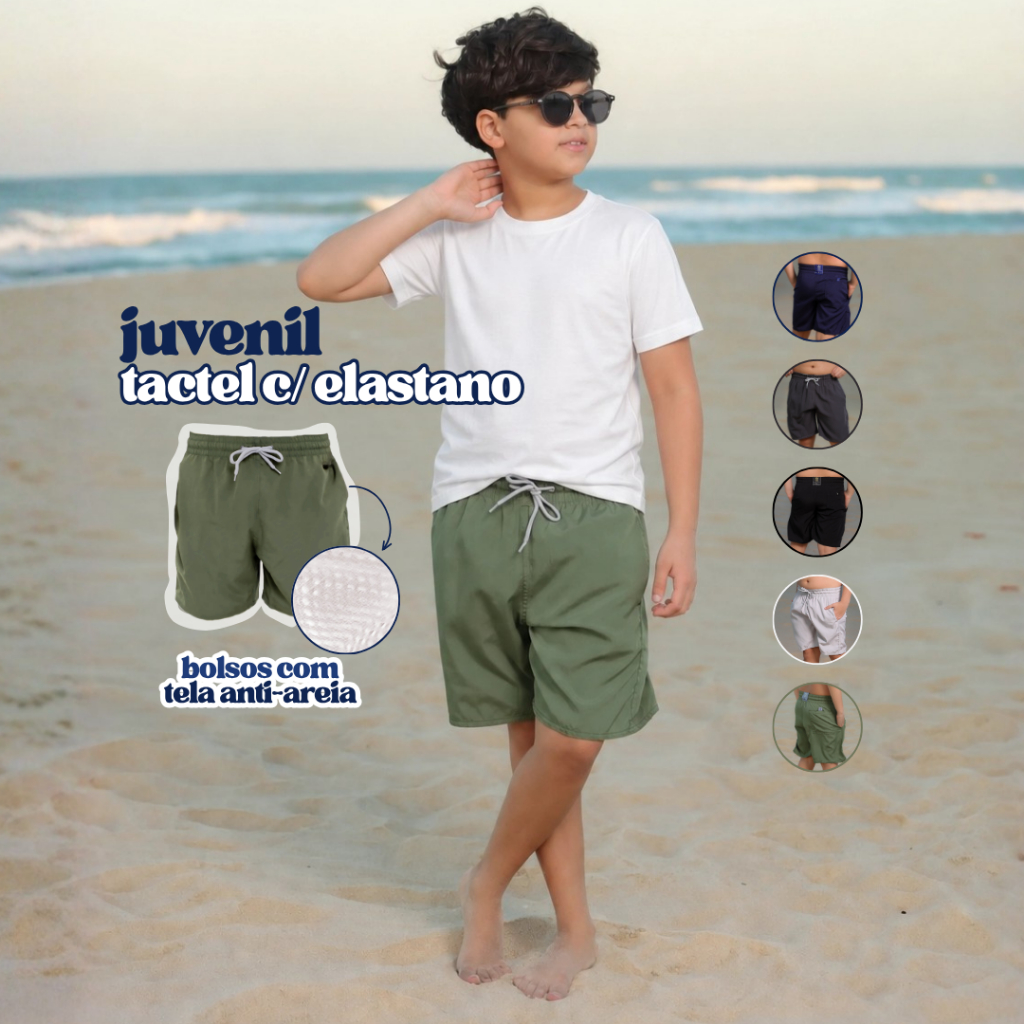 Bermuda Infantil Menino Criança Tactel com Elastano Short Mauricinho Liso Masculino Juvenil Elástico Bolsos