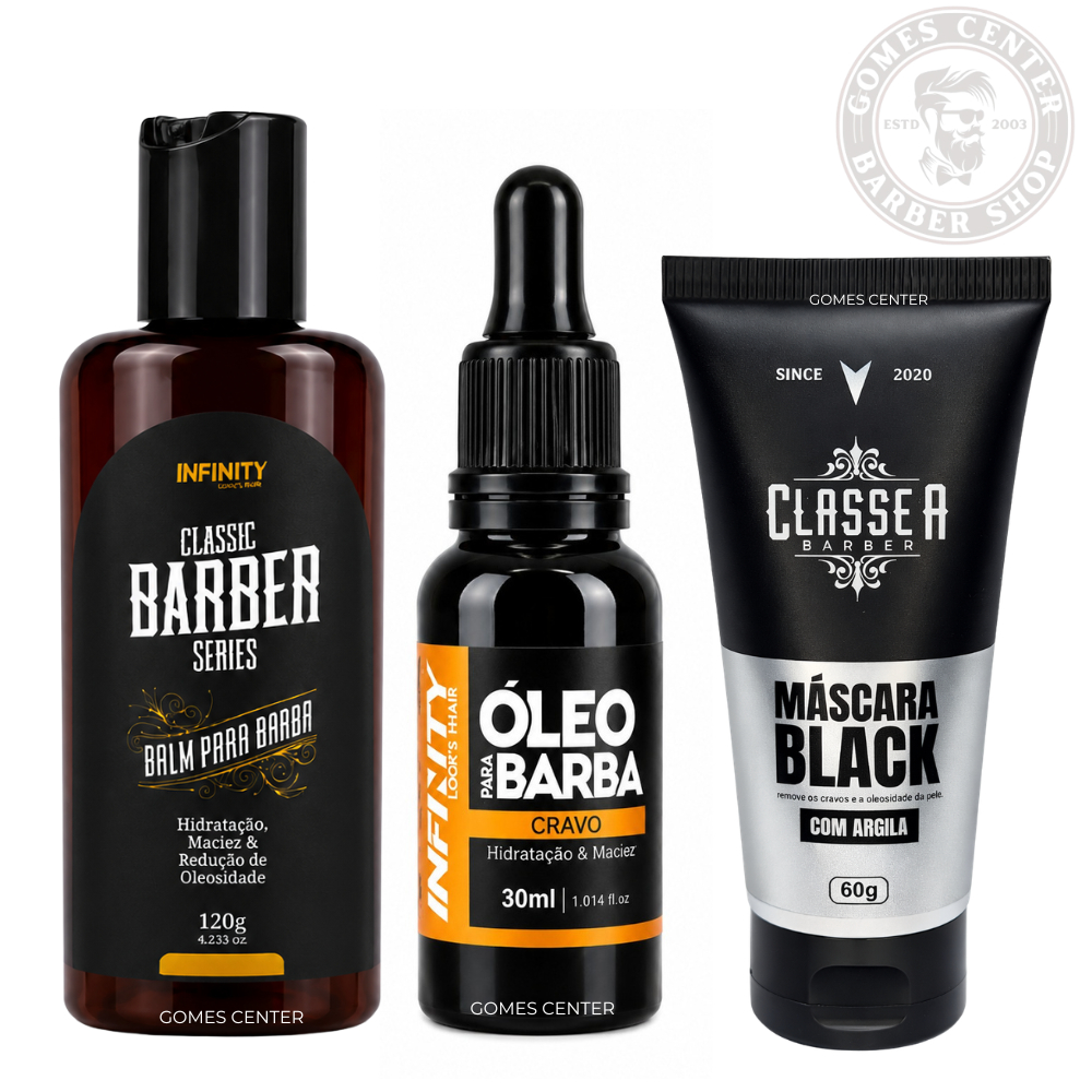 Balm 120g + Óleo de Barba 30ml + Máscara Black com Argila 60g  Classe A Barber e Infinity For Men