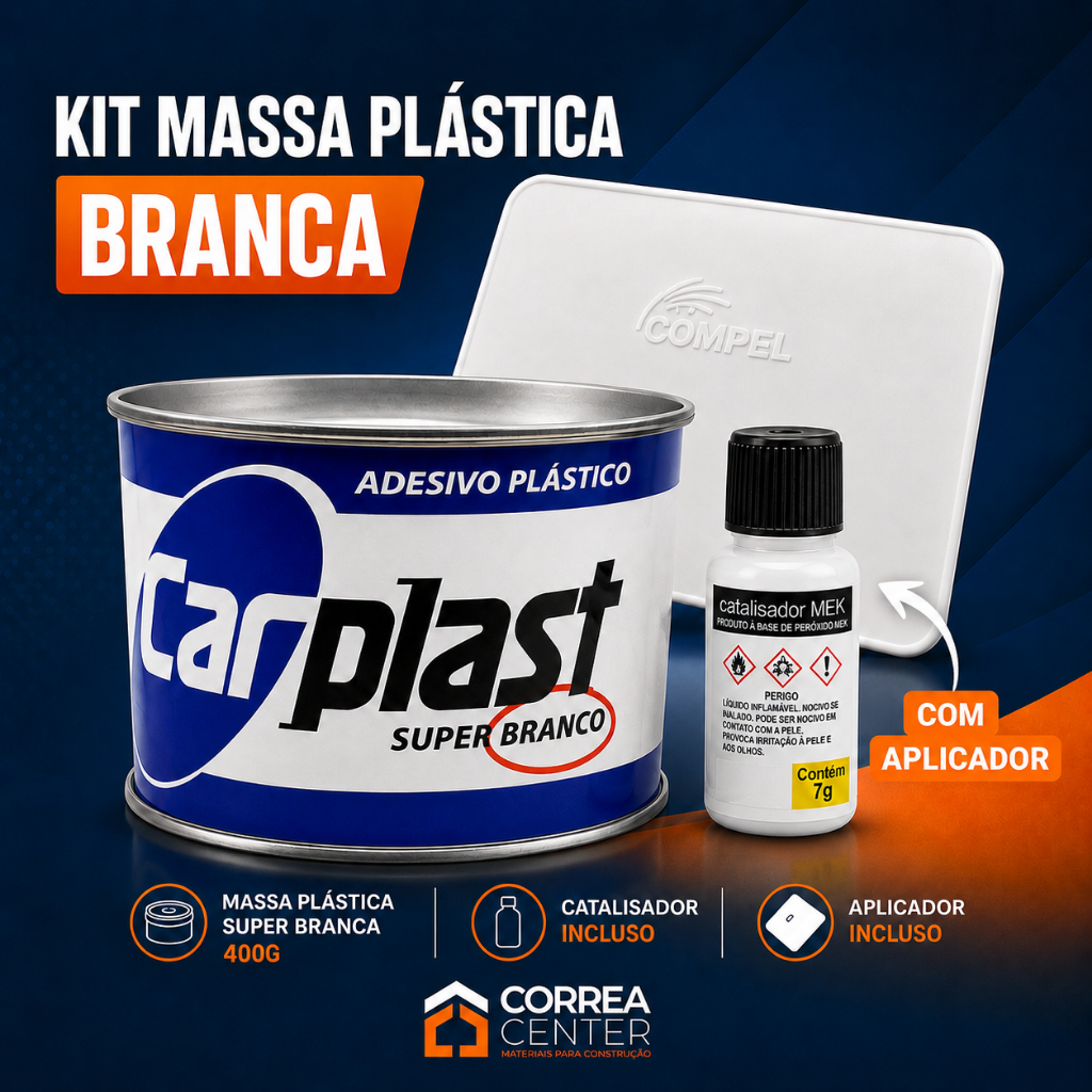 Kit Massa Plastica Branca Aplicador Espatula Adesivo Plastico Branco 400g Catalisador Funilaria Carro