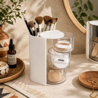✨ Organizador de Maquiagem Giratório Rosa | Porta Pincéis e Esponjas com Gavetas Transpa…