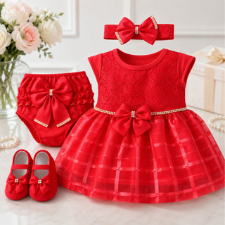 Vestido Renda luxo Kit 4 Peças 0 a 12 Meses Calcinha Bunda Rica+Laço+Sapatinho Festa Bati…