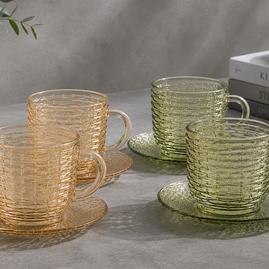 Jogo 6 Xícaras Para Chá De Vidro Com Pires Âmbar E Verde Hauskraft Rattan 240ml