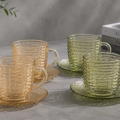 Jogo de 6 Xícaras com Pires de Vidro para Chá Âmbar e Verde Hauskraft Rattan 240ml
